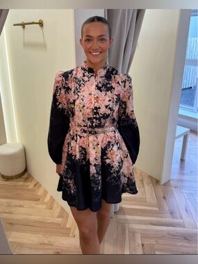 Floral Fit-and-Flare Mini Dress in Black and Pink S/M